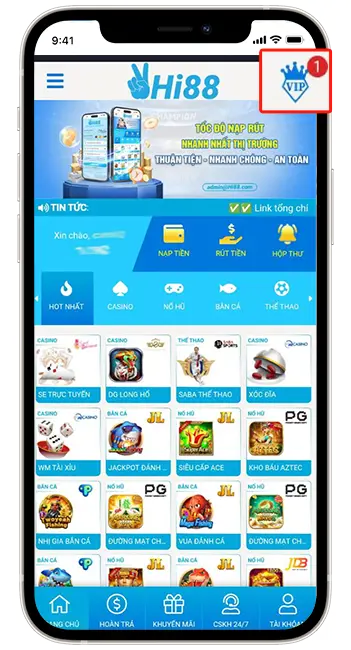 Bước 1: Đăng nhập TRANG CHỦ >> chọn biểu tượng VIP.